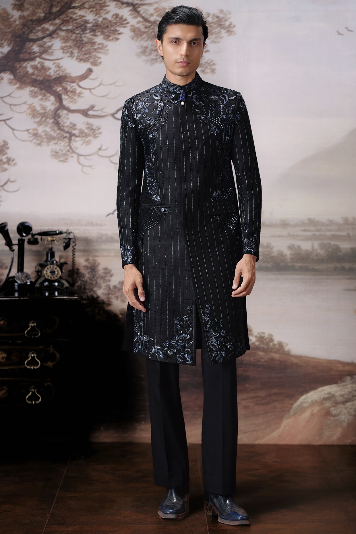 Mahima Mahajan Black Raw Silk Embroidered Sherwani Set