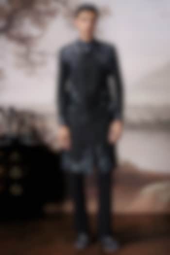 Black Raw Silk Embroidered Groom Sherwani Set by Mahima Mahajan Men at Pernia's Pop Up Shop