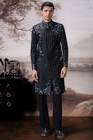 Black Raw Silk Embroidered Sherwani Set by Mahima Mahajan Men