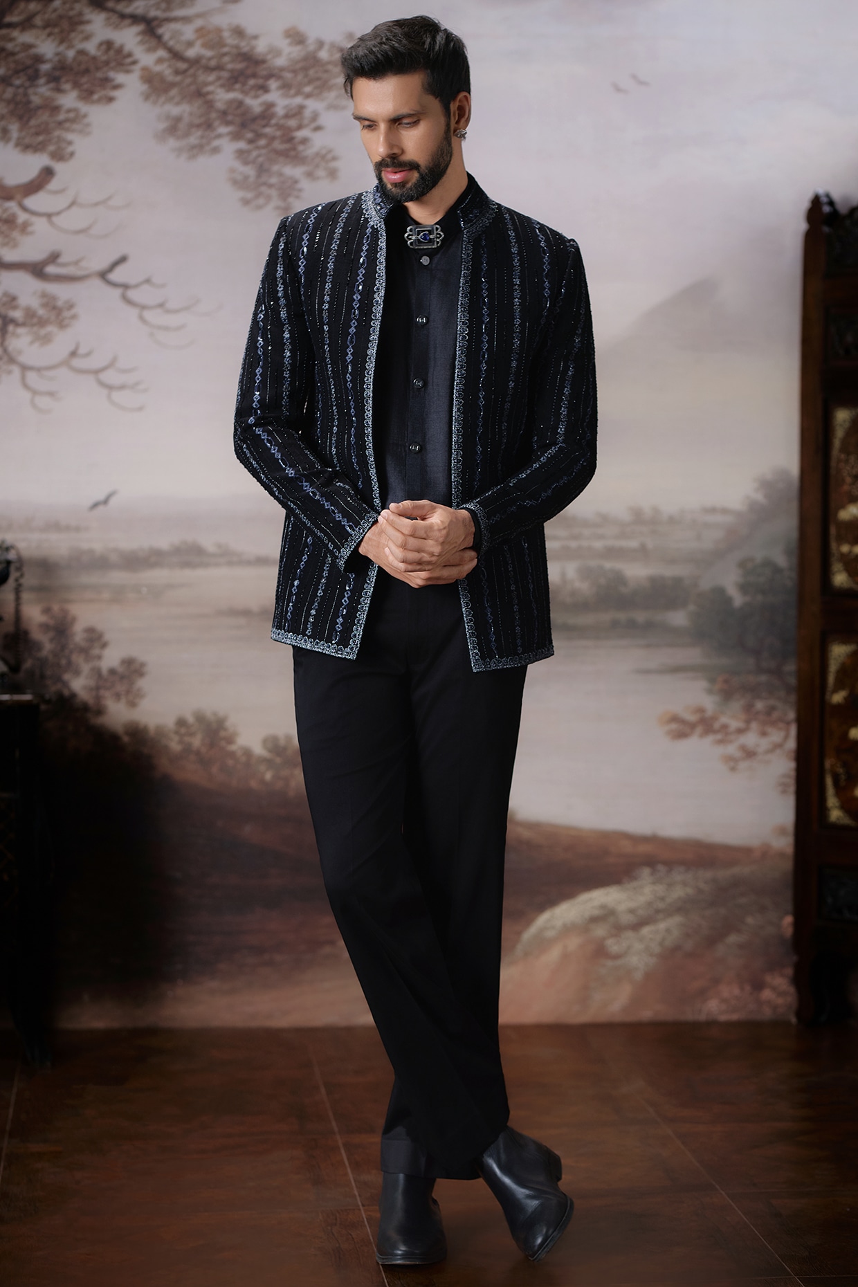 Mahima Mahajan Black Matka Silk Open Jacket Set