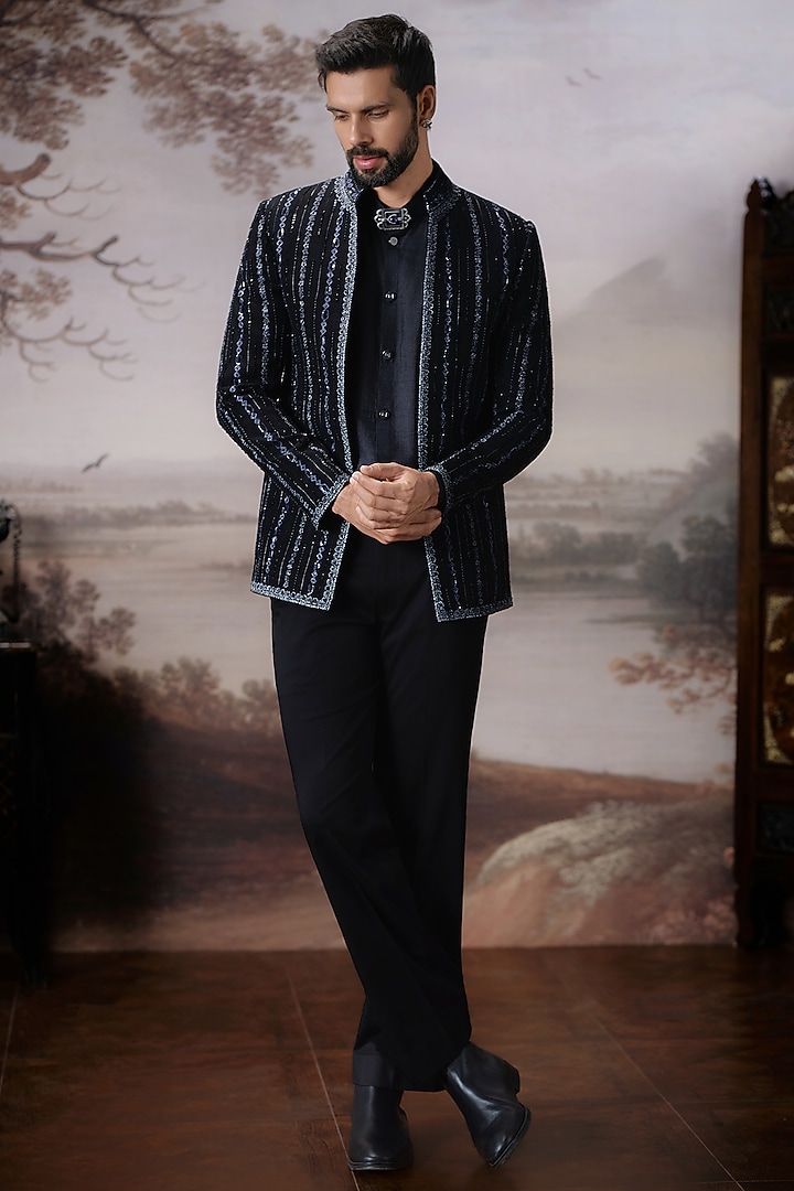 Black Matka Silk Open Jacket Set by Mahima Mahajan Men at Pernia's Pop Up Shop