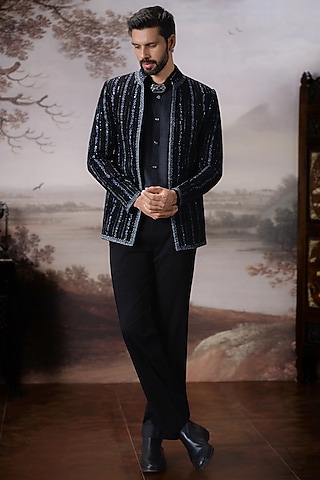 Black Matka Silk Open Jacket Set by Mahima Mahajan Men