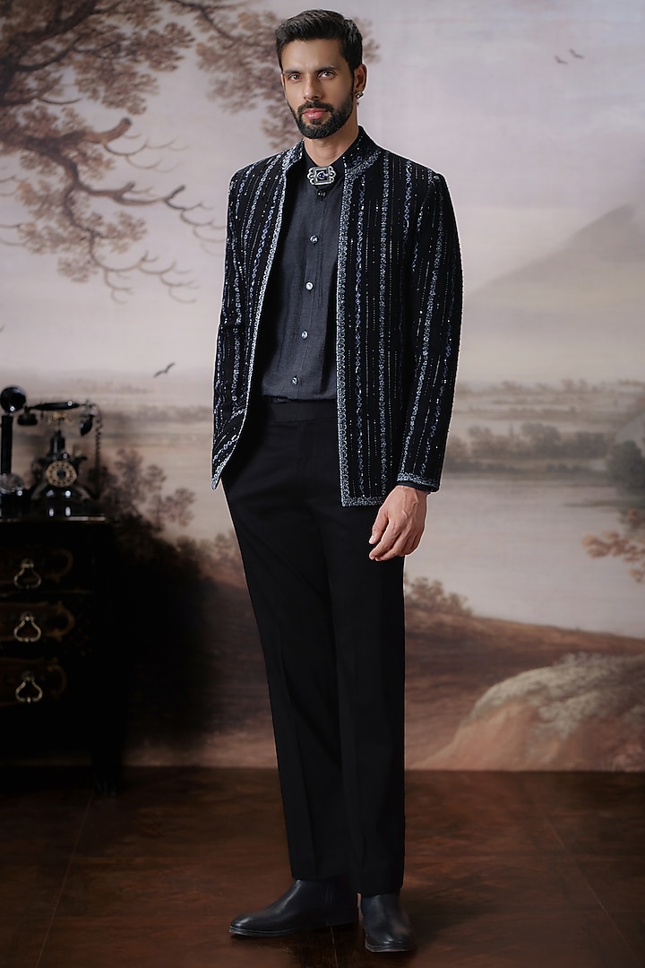 Black Matka Silk Open Jacket Set by Mahima Mahajan Men at Pernia's Pop Up Shop