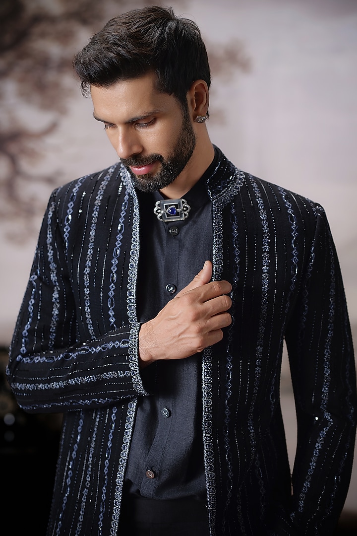 Black Matka Silk Open Jacket Set by Mahima Mahajan Men at Pernia's Pop Up Shop