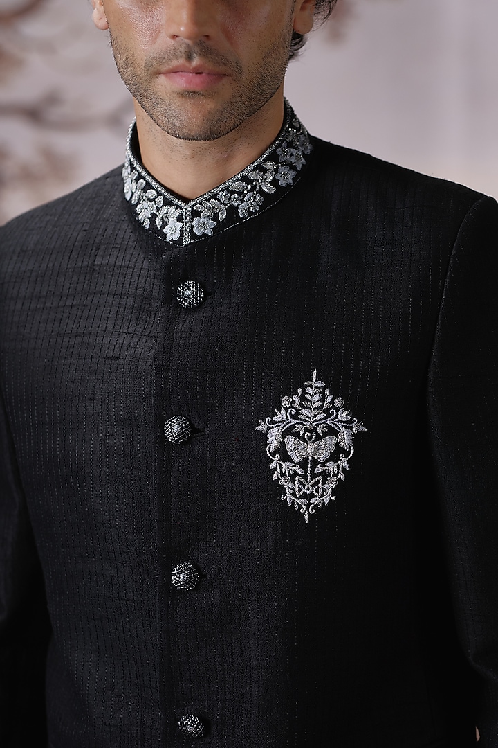 Black Raw Silk Wedding Bandhgala Set by Mahima Mahajan Men at Pernia's Pop Up Shop