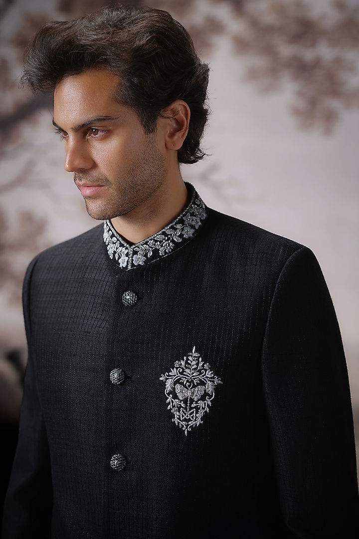 Black Raw Silk Wedding Bandhgala Set by Mahima Mahajan Men at Pernia's Pop Up Shop