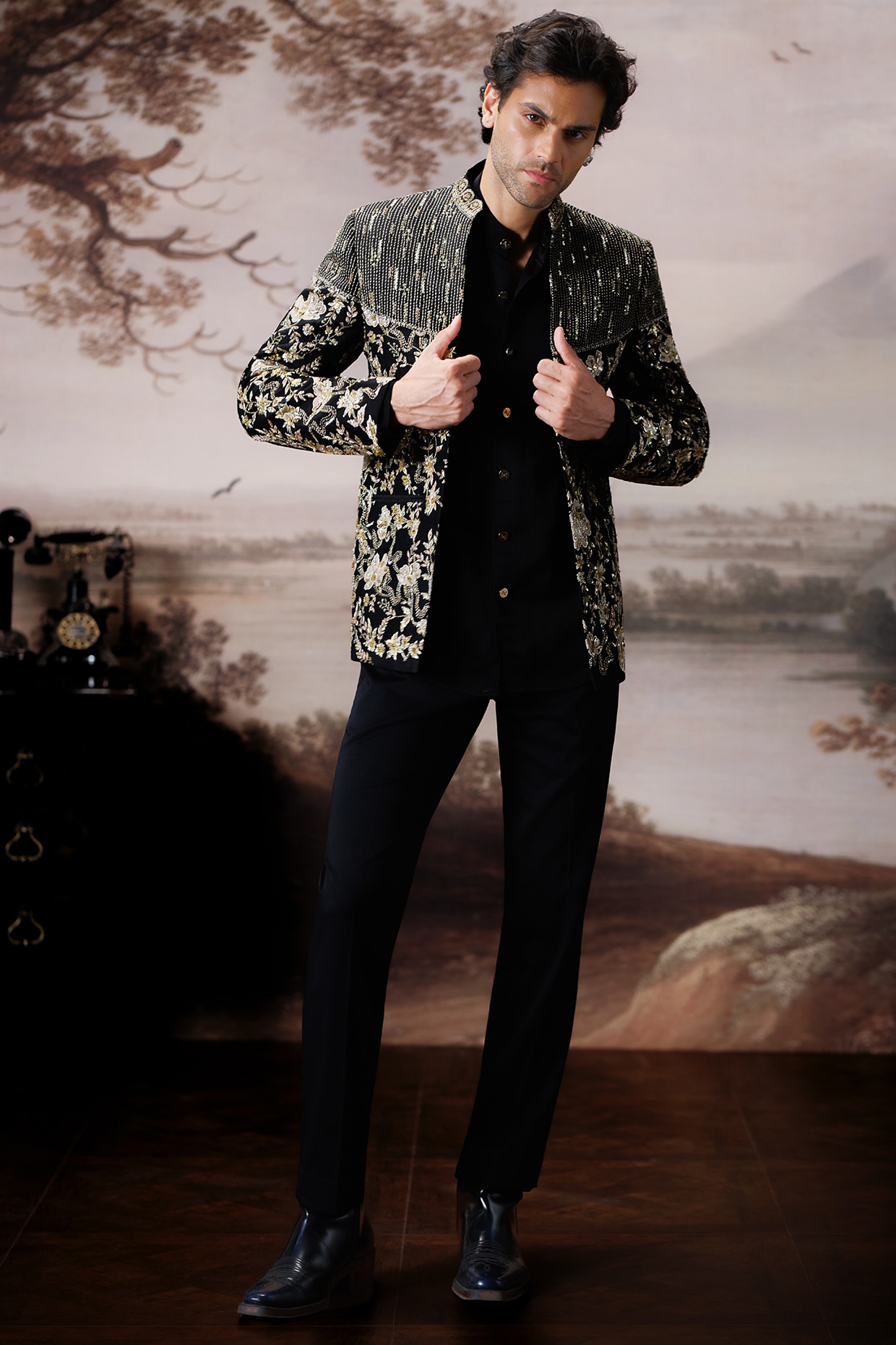Mahima Mahajan Black Raw Silk Open Jacket Set