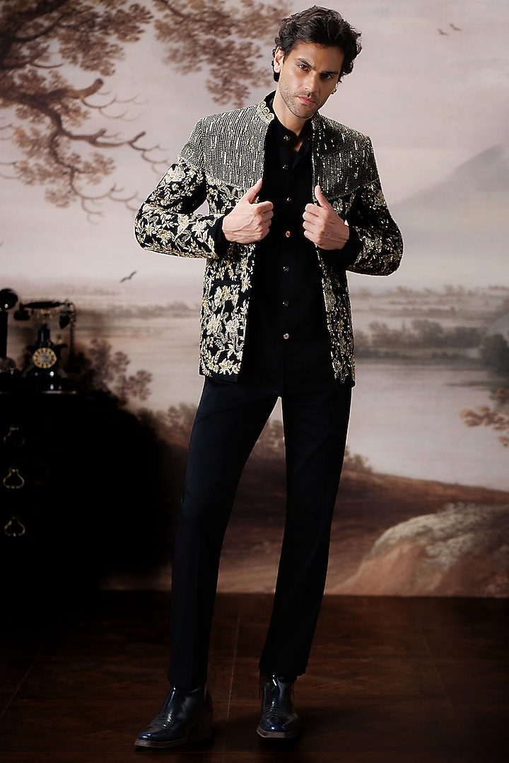 Black Raw Silk Open Jacket Set by Mahima Mahajan Men at Pernia's Pop Up Shop