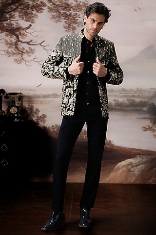 Black Raw Silk Open Jacket Set by Mahima Mahajan Men