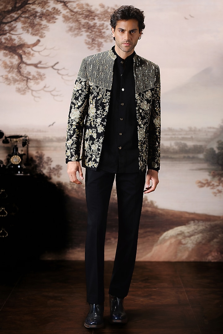 Black Raw Silk Open Jacket Set by Mahima Mahajan Men at Pernia's Pop Up Shop
