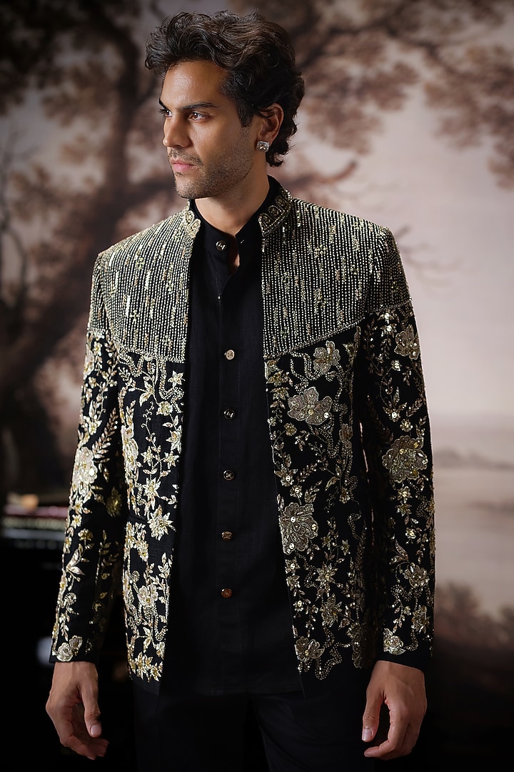 Black Raw Silk Open Jacket Set by Mahima Mahajan Men at Pernia's Pop Up Shop