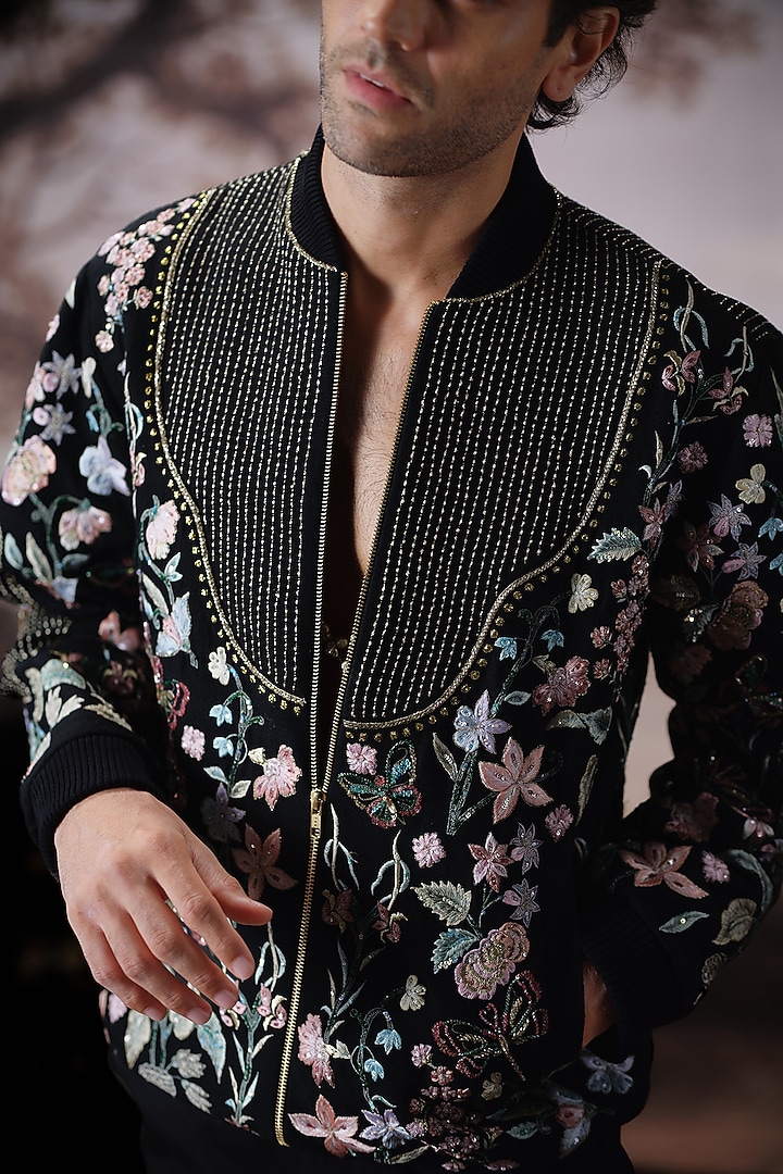 Black Matka Silk Bomber Jacket Set by Mahima Mahajan Men at Pernia's Pop Up Shop