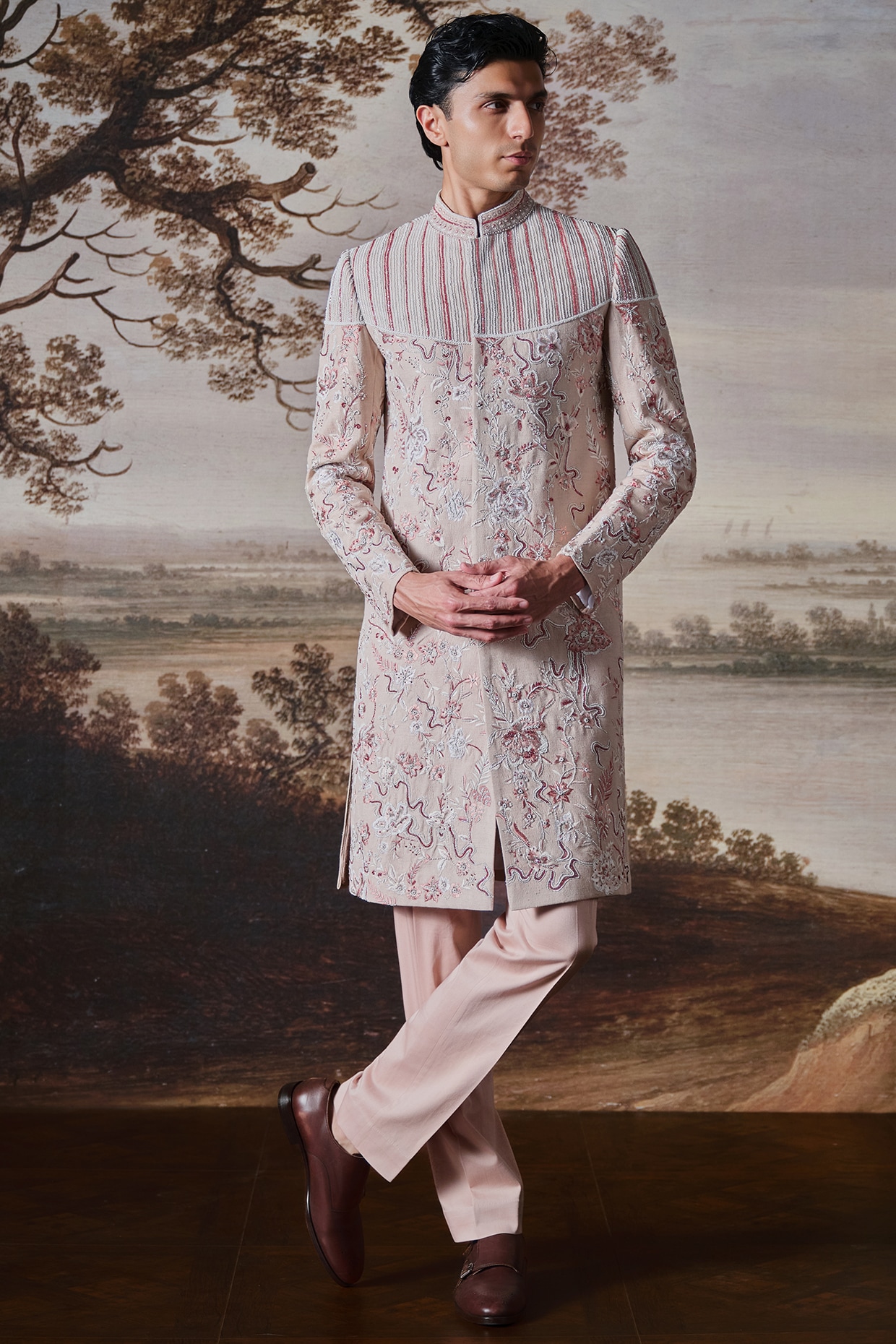 Mahima Mahajan Powder Pink Chanderi Sherwani Set