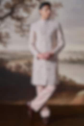 Powder Pink Chanderi Groom Sherwani Set by Mahima Mahajan Men at Pernia's Pop Up Shop