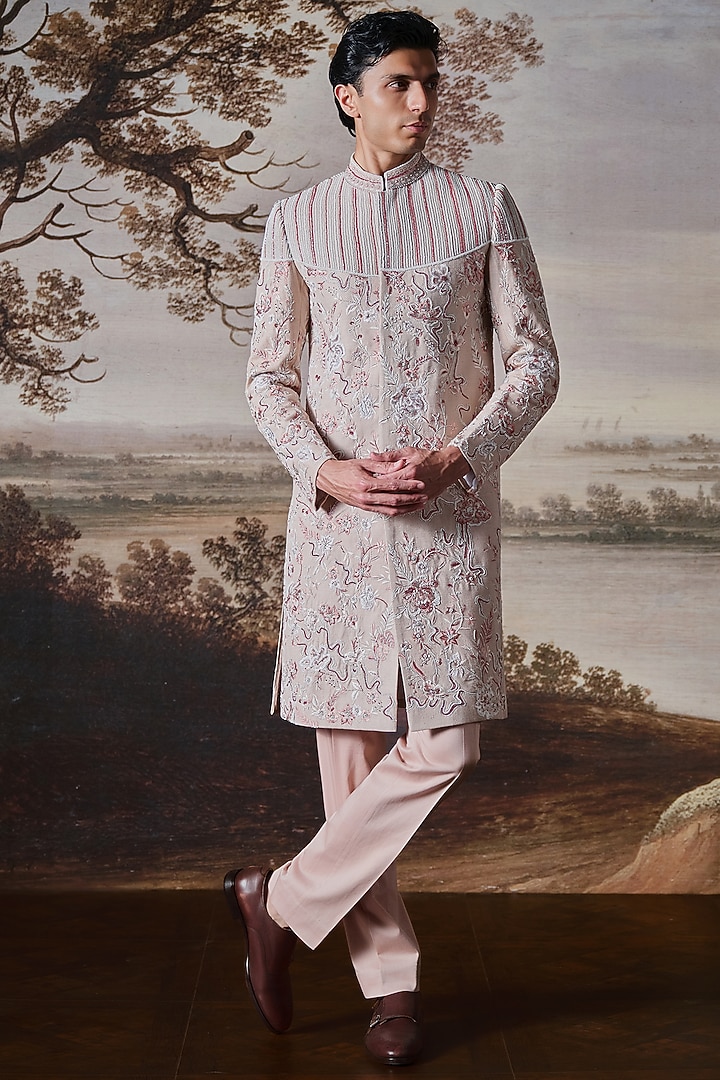 Powder Pink Chanderi Groom Sherwani Set by Mahima Mahajan Men at Pernia's Pop Up Shop
