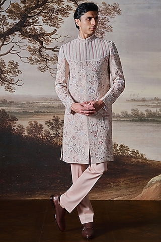 Powder Pink Chanderi Sherwani Set by Mahima Mahajan Men