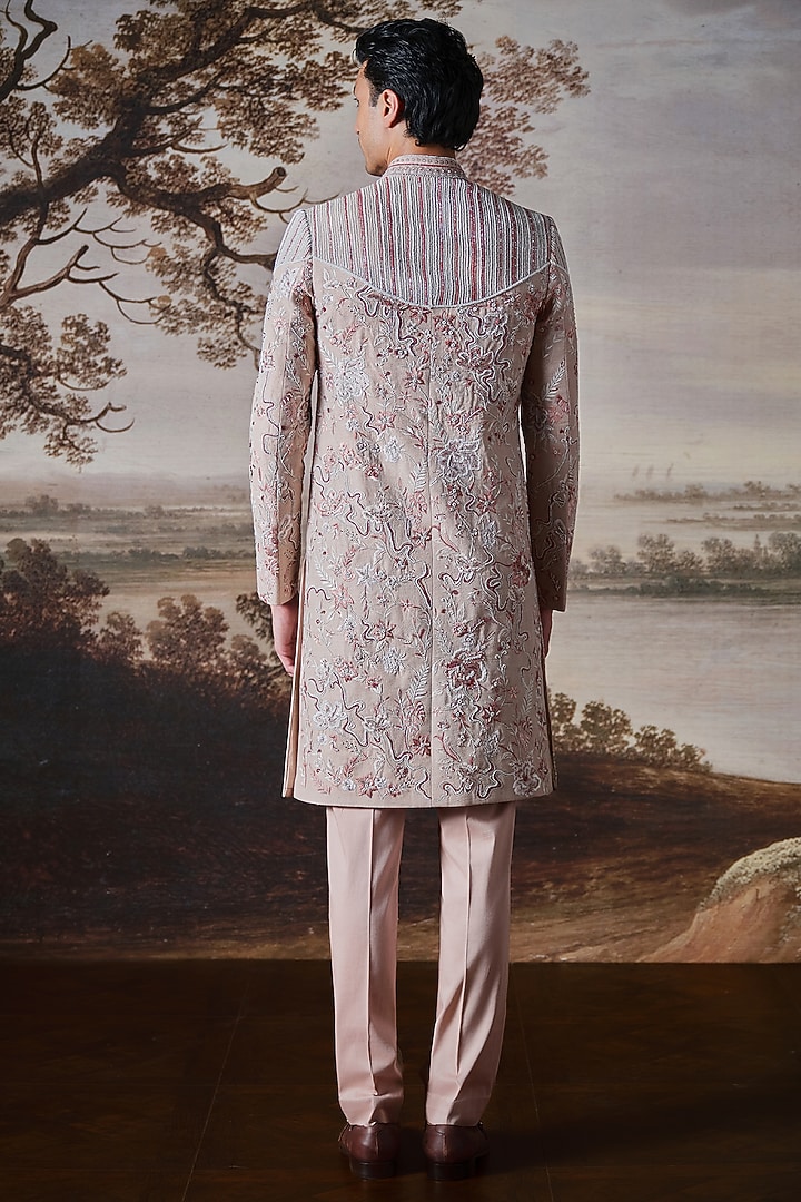 Powder Pink Chanderi Groom Sherwani Set by Mahima Mahajan Men at Pernia's Pop Up Shop