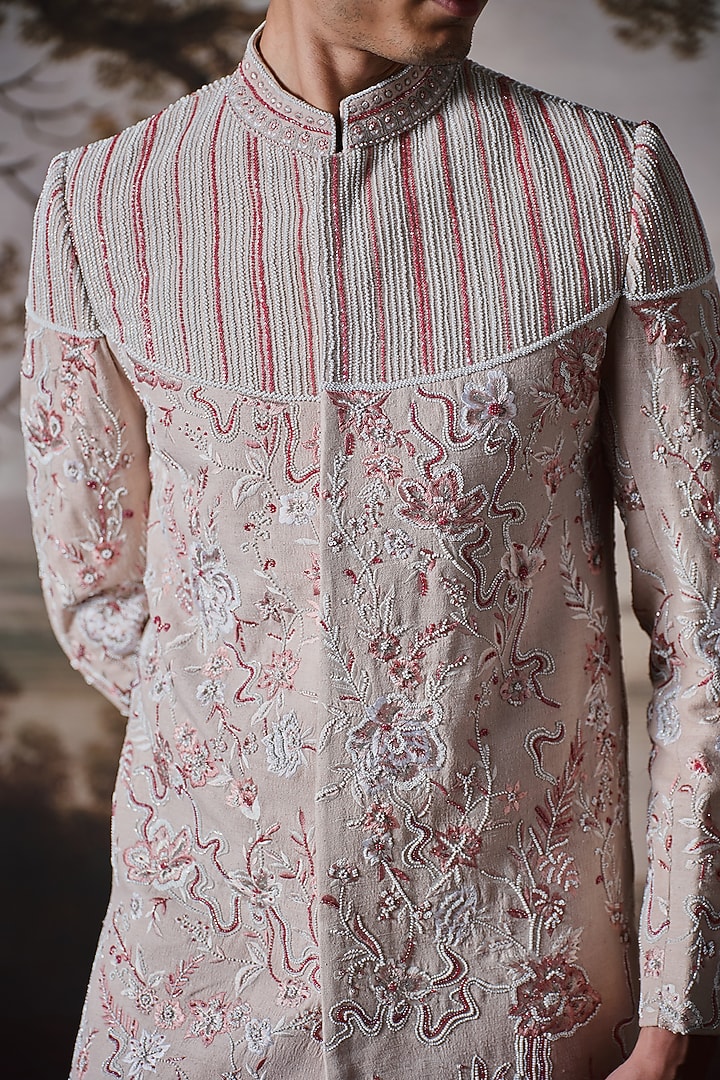 Powder Pink Chanderi Groom Sherwani Set by Mahima Mahajan Men at Pernia's Pop Up Shop