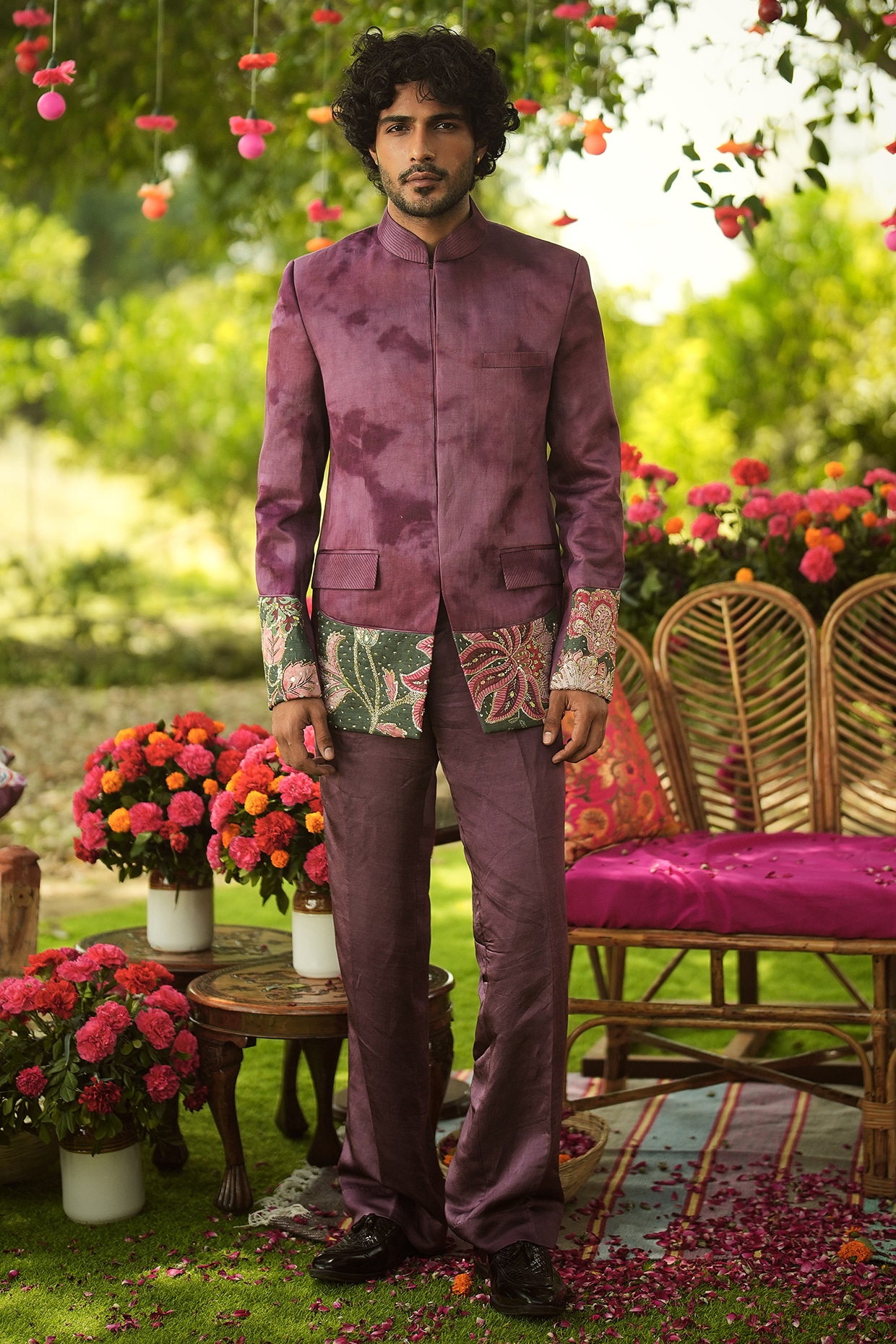 Mahima Mahajan Burgundy & Pine Green Linen Satin Hand Embroidered Bandhgala Set