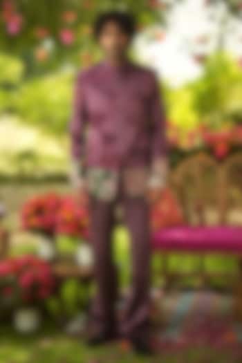 Burgundy & Pine Green Linen Satin Hand Embroidered Wedding Bandhgala Set by Mahima Mahajan Men at Pernia's Pop Up Shop