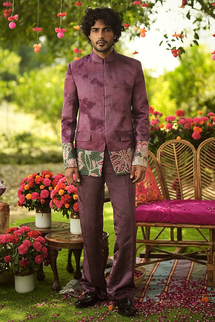 Burgundy & Pine Green Linen Satin Hand Embroidered Wedding Bandhgala Set by Mahima Mahajan Men at Pernia's Pop Up Shop