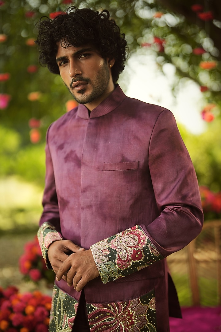 Burgundy & Pine Green Linen Satin Hand Embroidered Wedding Bandhgala Set by Mahima Mahajan Men at Pernia's Pop Up Shop