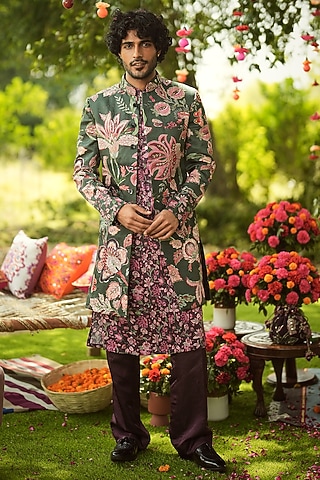 Pine Green & Burgundy Linen Satin Hand Embroidered Sherwani Set by Mahima Mahajan Men