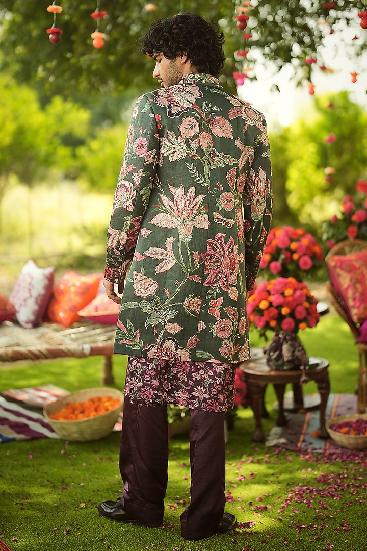 Pine Green & Burgundy Linen Satin Hand Embroidered Wedding Sherwani Set by Mahima Mahajan Men at Pernia's Pop Up Shop