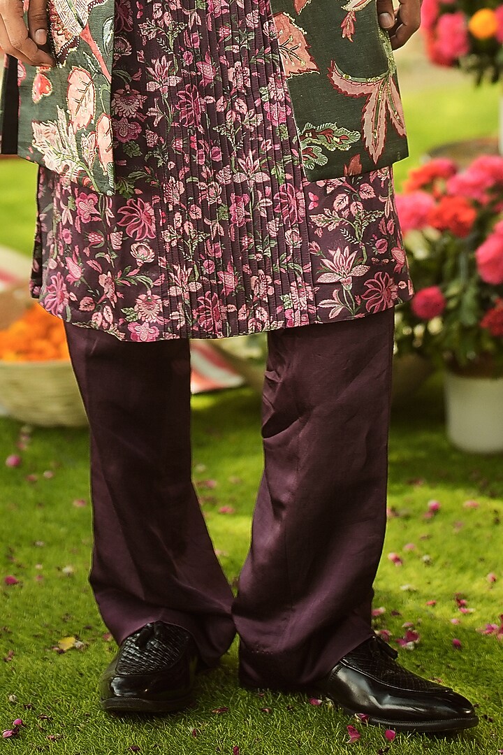 Pine Green & Burgundy Linen Satin Hand Embroidered Wedding Sherwani Set by Mahima Mahajan Men at Pernia's Pop Up Shop