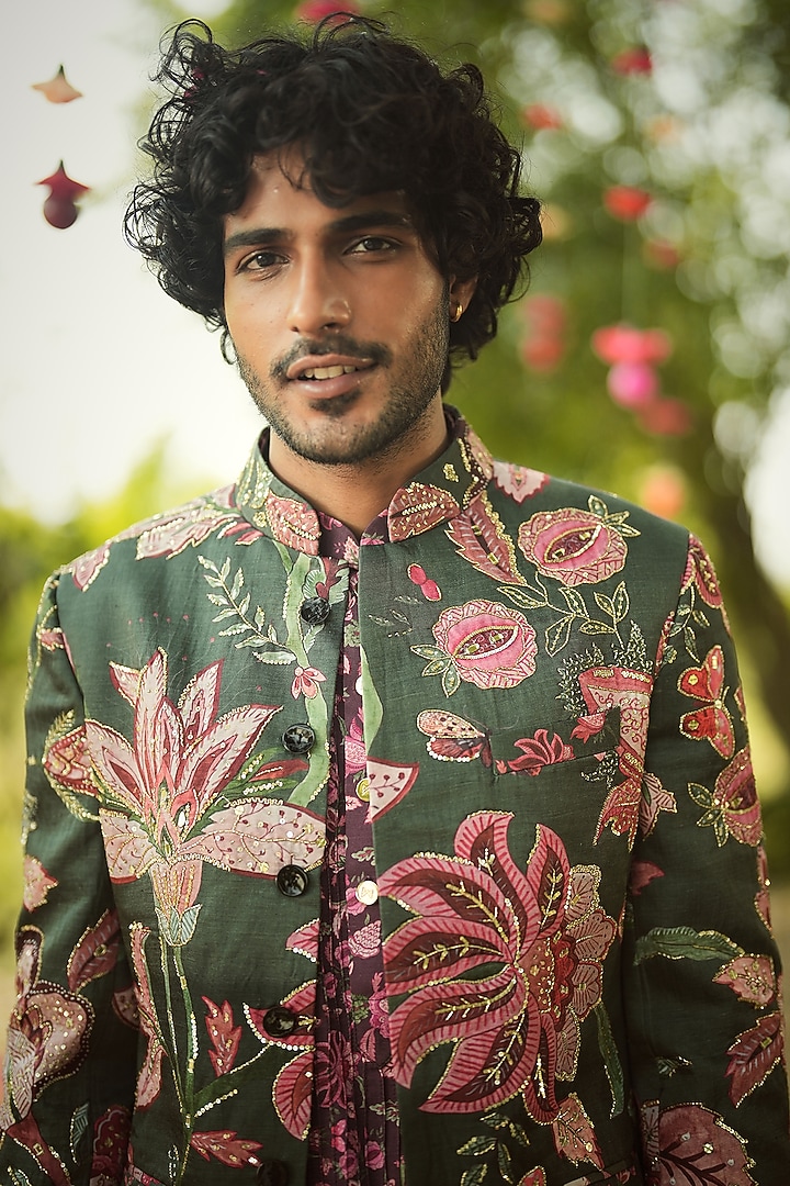 Pine Green & Burgundy Linen Satin Hand Embroidered Wedding Sherwani Set by Mahima Mahajan Men at Pernia's Pop Up Shop