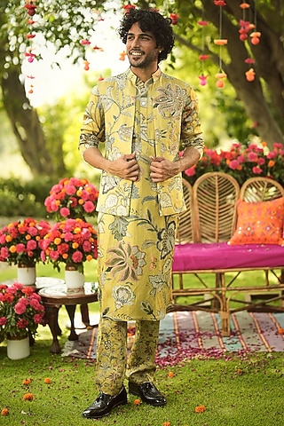 Old Gold Linen Satin Embroidered Bundi Jacket by Mahima Mahajan Men