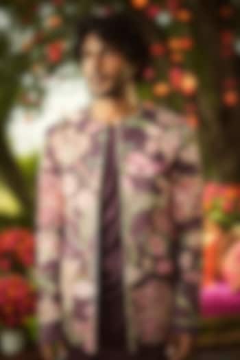 Burgundy Linen Satin Embroidered Wedding Indowestern Jacket by Mahima Mahajan Men at Pernia's Pop Up Shop