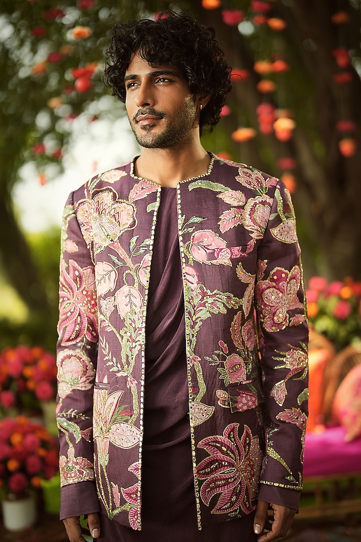 Burgundy Linen Satin Embroidered Wedding Indowestern Jacket by Mahima Mahajan Men at Pernia's Pop Up Shop