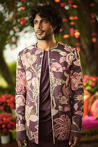 Burgundy Linen Satin Embroidered Indowestern Jacket by Mahima Mahajan Men