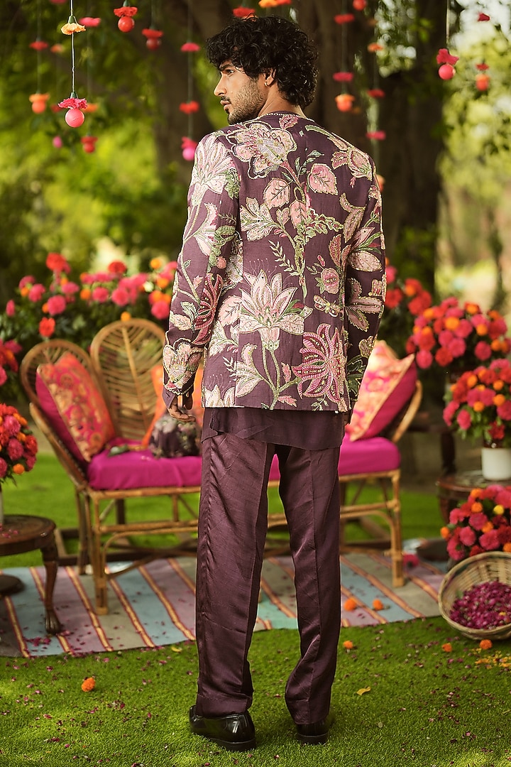 Burgundy Linen Satin Embroidered Wedding Indowestern Jacket by Mahima Mahajan Men at Pernia's Pop Up Shop