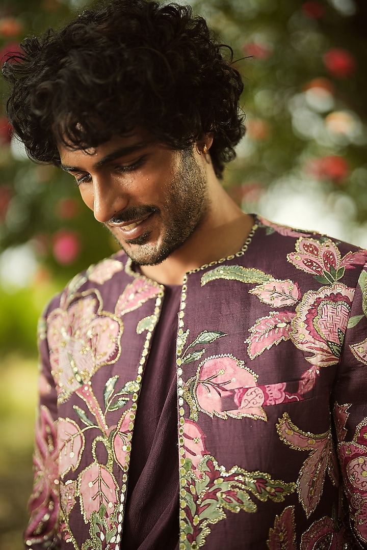 Burgundy Linen Satin Embroidered Wedding Indowestern Jacket by Mahima Mahajan Men at Pernia's Pop Up Shop