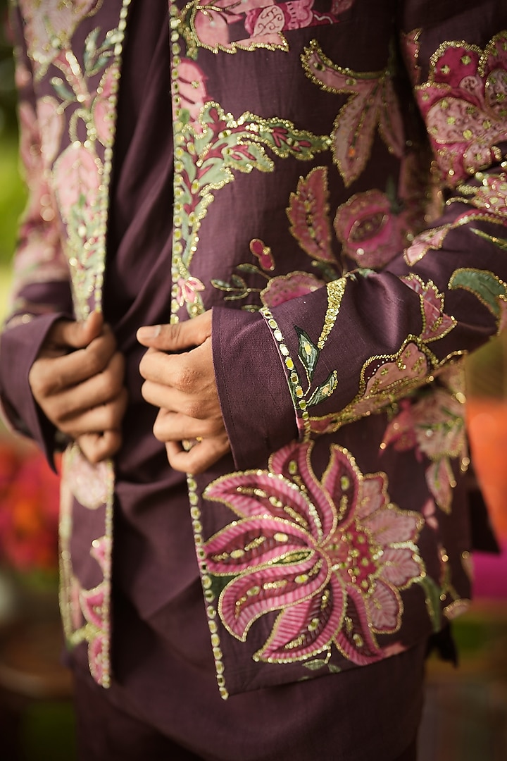 Burgundy Linen Satin Embroidered Wedding Indowestern Jacket by Mahima Mahajan Men at Pernia's Pop Up Shop