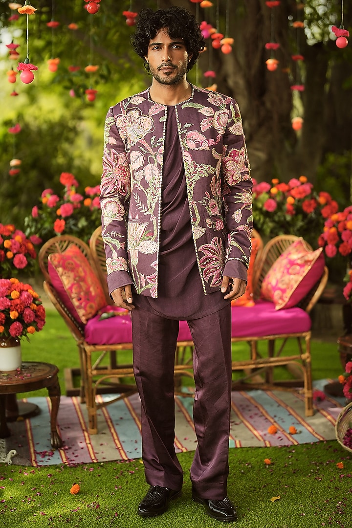 Burgundy Linen Satin Embroidered Wedding Indowestern Jacket by Mahima Mahajan Men at Pernia's Pop Up Shop
