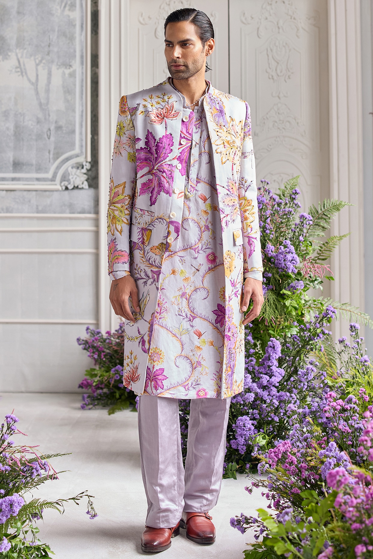 Mahima Mahajan Steel Lilac Linen Satin Hand Embroidered Sherwani Set