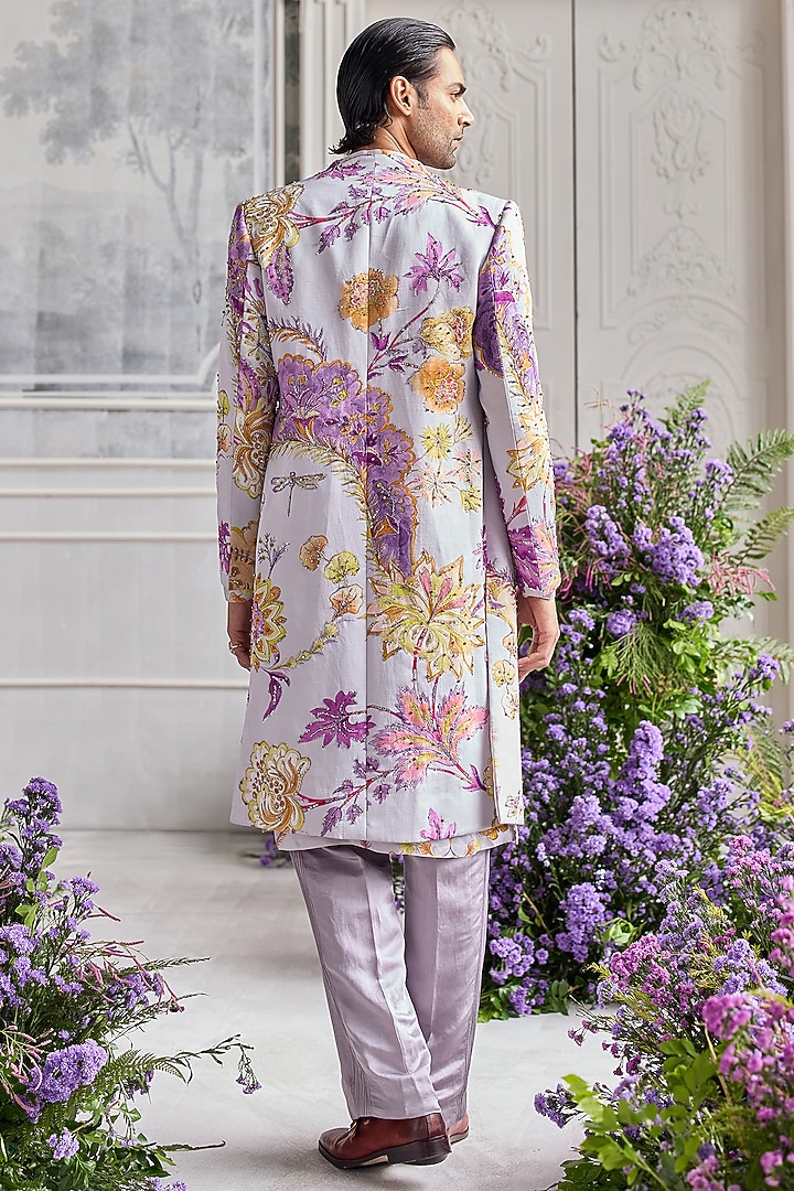 Steel Lilac Linen Satin Hand Embroidered Groom Sherwani Set by Mahima Mahajan Men at Pernia's Pop Up Shop