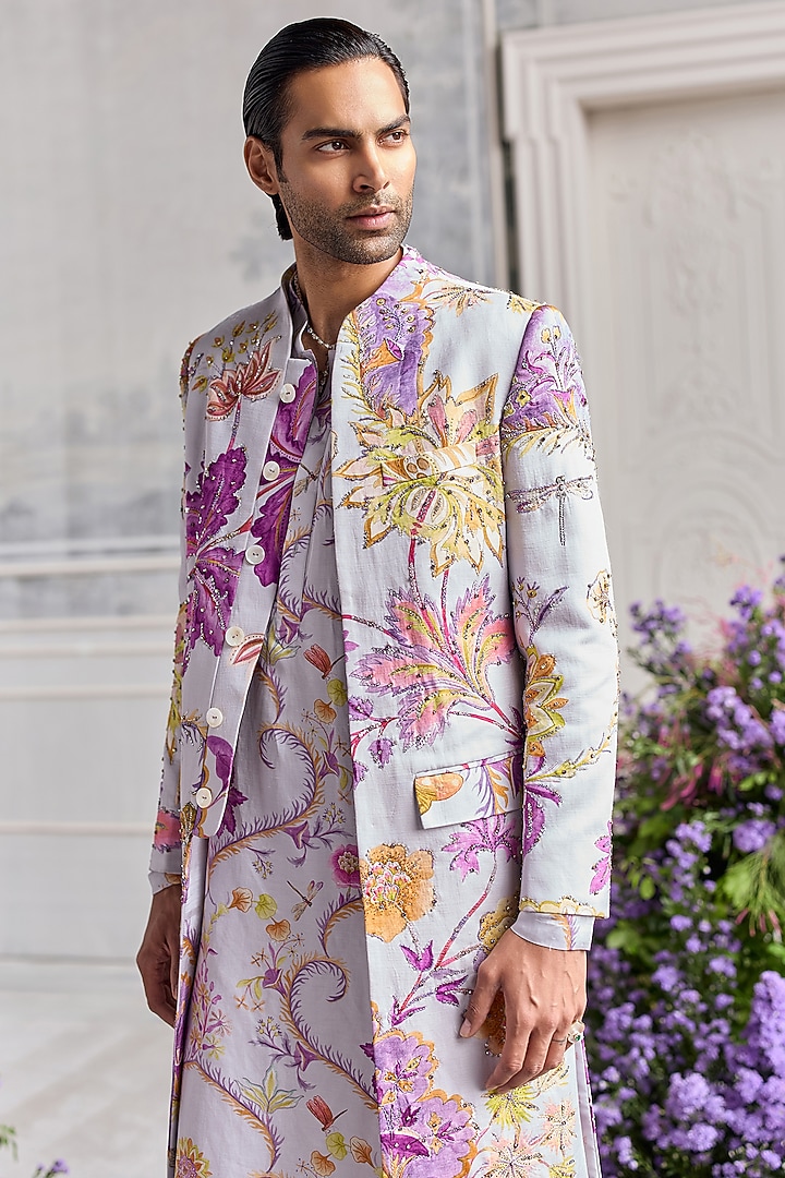 Steel Lilac Linen Satin Hand Embroidered Groom Sherwani Set by Mahima Mahajan Men at Pernia's Pop Up Shop