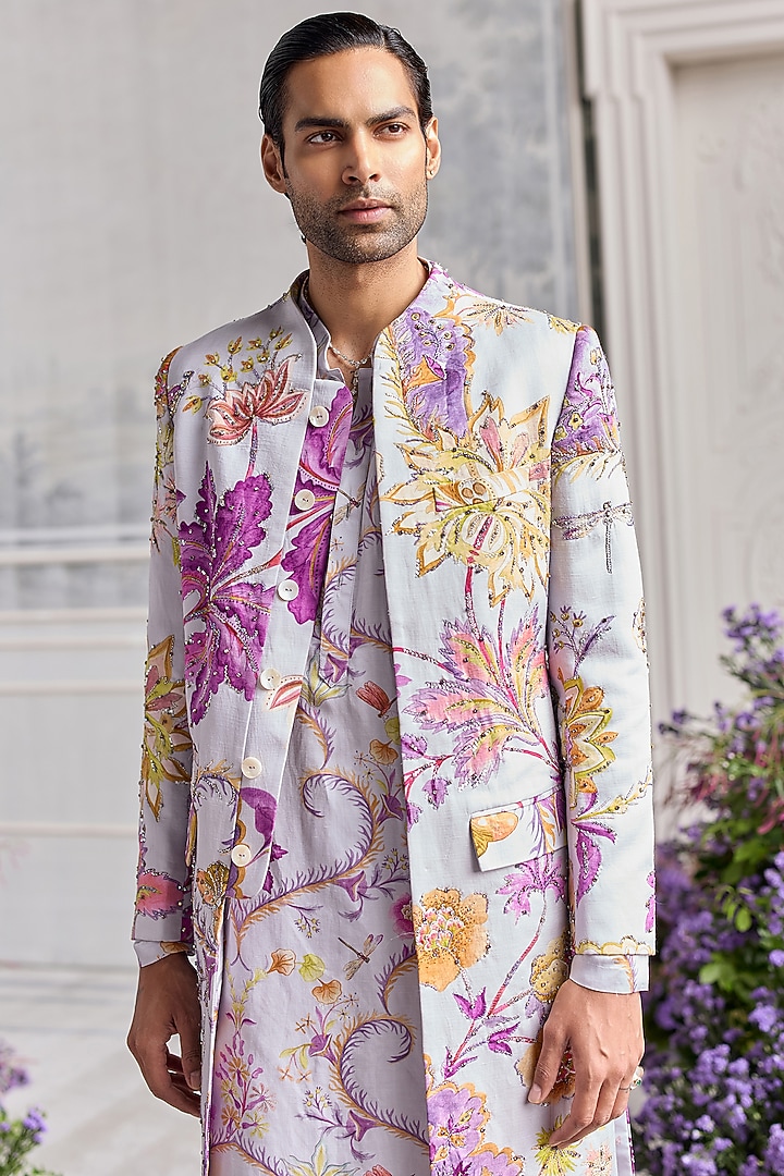 Steel Lilac Linen Satin Hand Embroidered Groom Sherwani Set by Mahima Mahajan Men at Pernia's Pop Up Shop