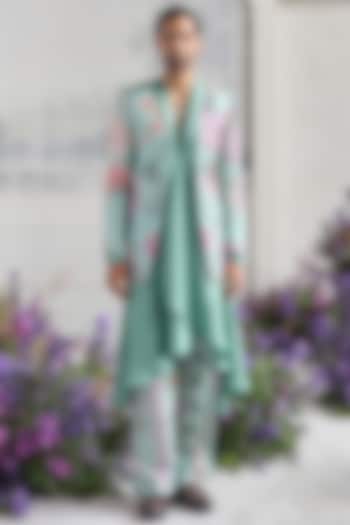 Jade Green Linen Satin Printed Wedding Indowestern Set by Mahima Mahajan Men at Pernia's Pop Up Shop