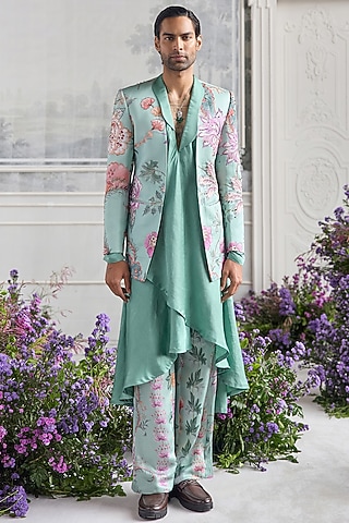 Jade Green Linen Satin Printed Indowestern Set by Mahima Mahajan Men