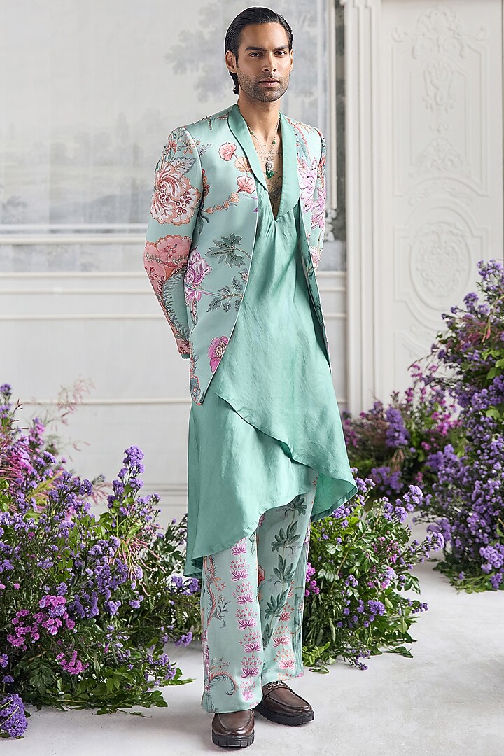 Jade Green Linen Satin Printed Wedding Indowestern Set by Mahima Mahajan Men at Pernia's Pop Up Shop