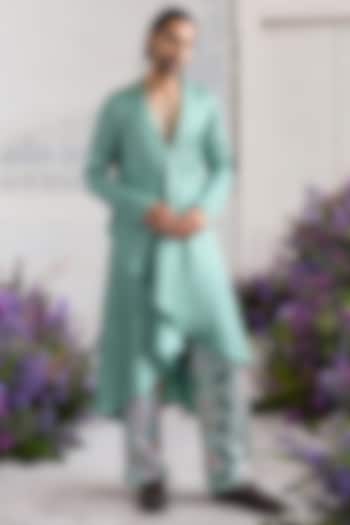 Jade Green Linen Satin Angrakha Kurta Set by Mahima Mahajan Men at Pernia's Pop Up Shop