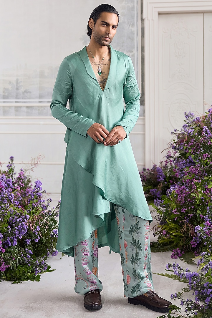 Jade Green Linen Satin Angrakha Kurta Set by Mahima Mahajan Men at Pernia's Pop Up Shop