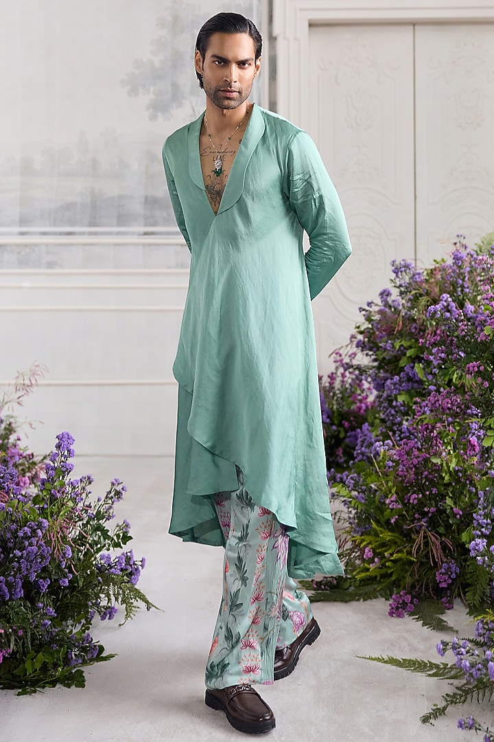 Jade Green Linen Satin Angrakha Kurta Set by Mahima Mahajan Men at Pernia's Pop Up Shop