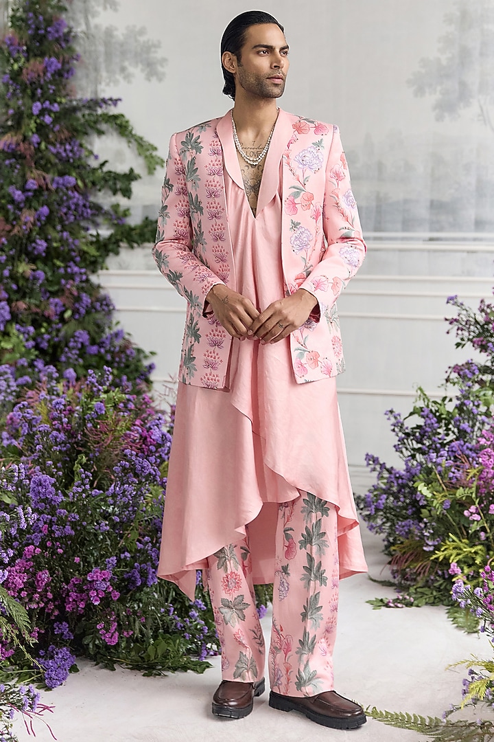 Blush Pink Linen Satin Hand Embroidered Wedding Indowestern Set by Mahima Mahajan Men at Pernia's Pop Up Shop