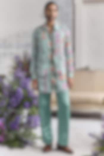 Jade Green Linen Satin Printed & Embroidered Bundi Set by Mahima Mahajan Men at Pernia's Pop Up Shop
